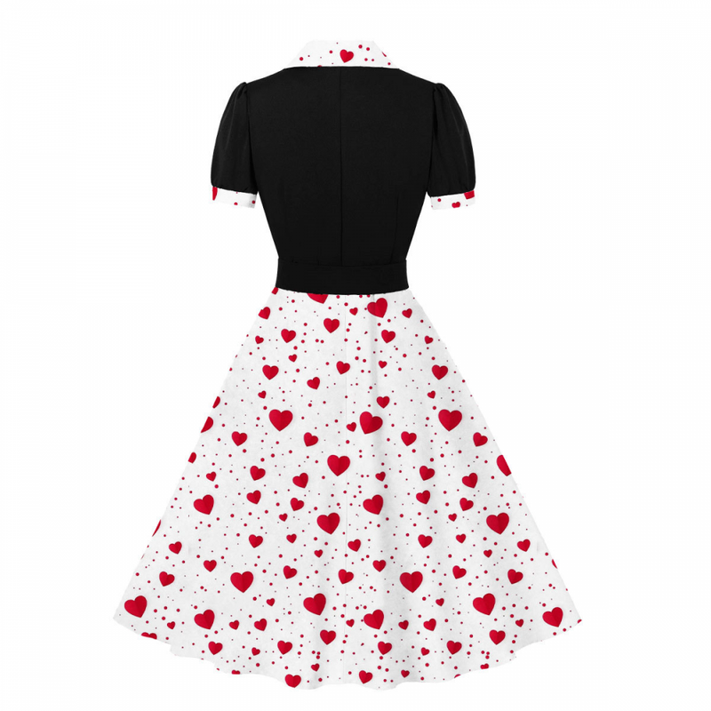1950s Women Blazer Collar Hearts Print Festival Vintage Dress