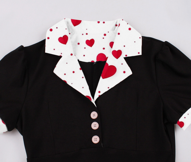 1950s Women Blazer Collar Hearts Print Festival Vintage Dress