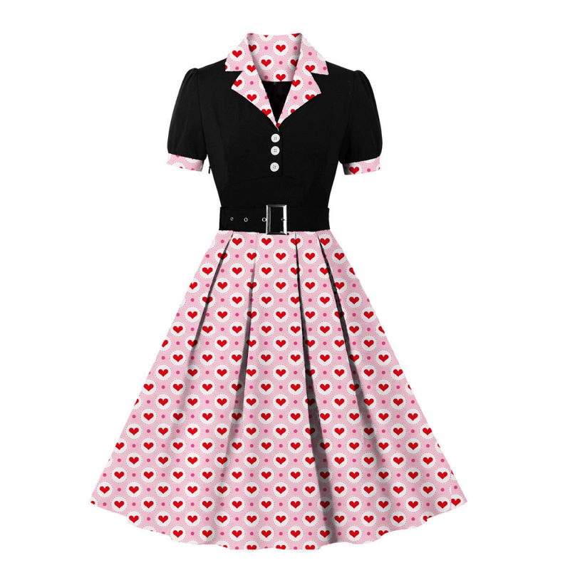 1950s Women Blazer Collar Hearts Print Festival Vintage Dress