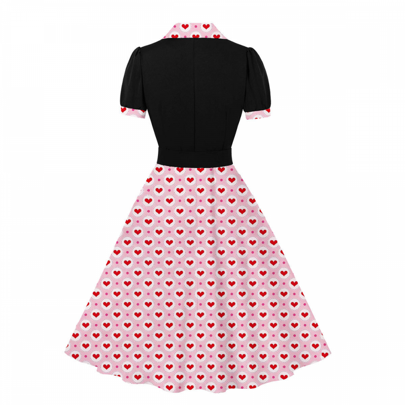 1950s Women Blazer Collar Hearts Print Festival Vintage Dress