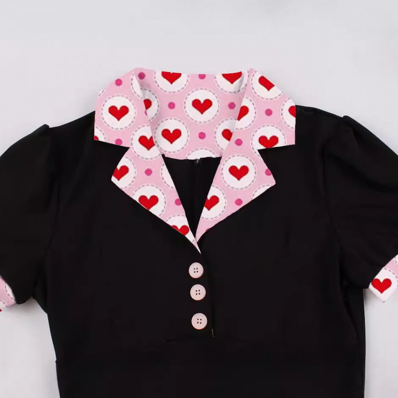 1950s Women Blazer Collar Hearts Print Festival Vintage Dress