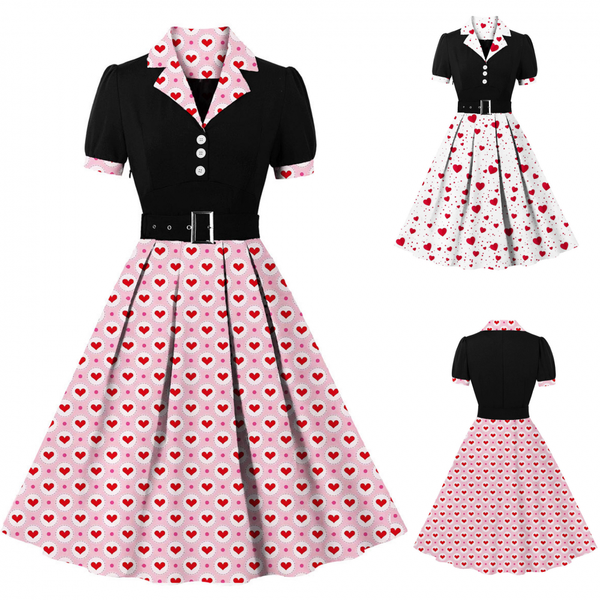 1950s Women Blazer Collar Hearts Print Festival Vintage Dress