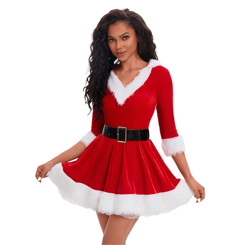 2 Kinds Christmas Mini Dress Hat Women Mrs Santa Claus Cosplay Costume - AwwwCos