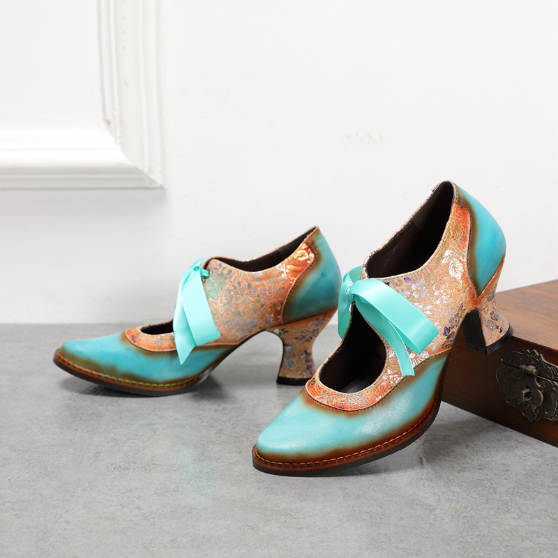 2 Kinds Cowhide Flower Blue Ethnic Style Ribbon Lace Women's Shoes - AwwwCos