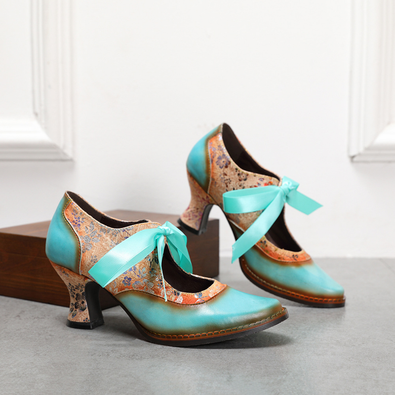 2 Kinds Cowhide Flower Blue Ethnic Style Ribbon Lace Women's Shoes - AwwwCos