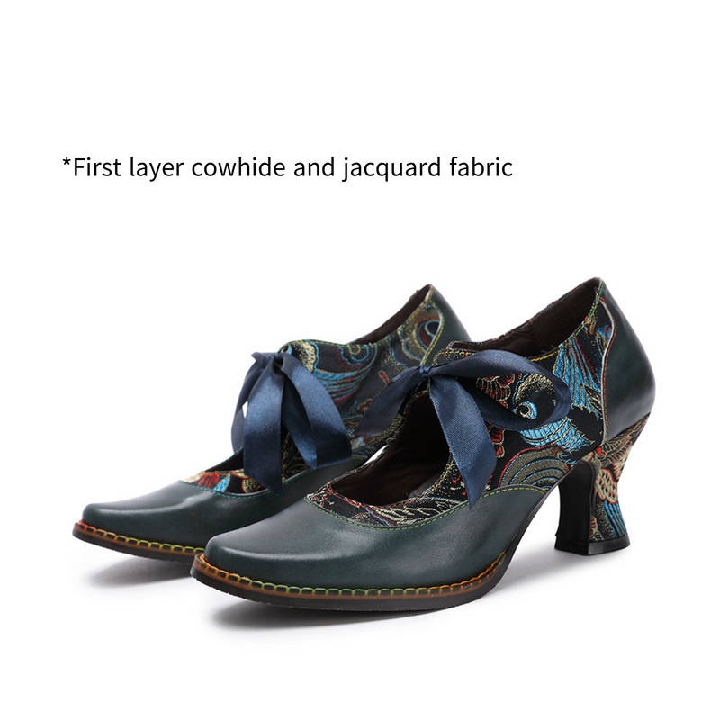 2 Kinds Cowhide Flower Blue Ethnic Style Ribbon Lace Women's Shoes - AwwwCos