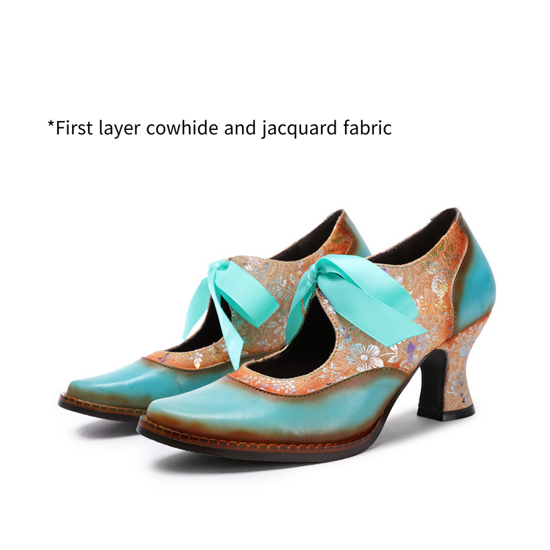 2 Kinds Cowhide Flower Blue Ethnic Style Ribbon Lace Women's Shoes - AwwwCos