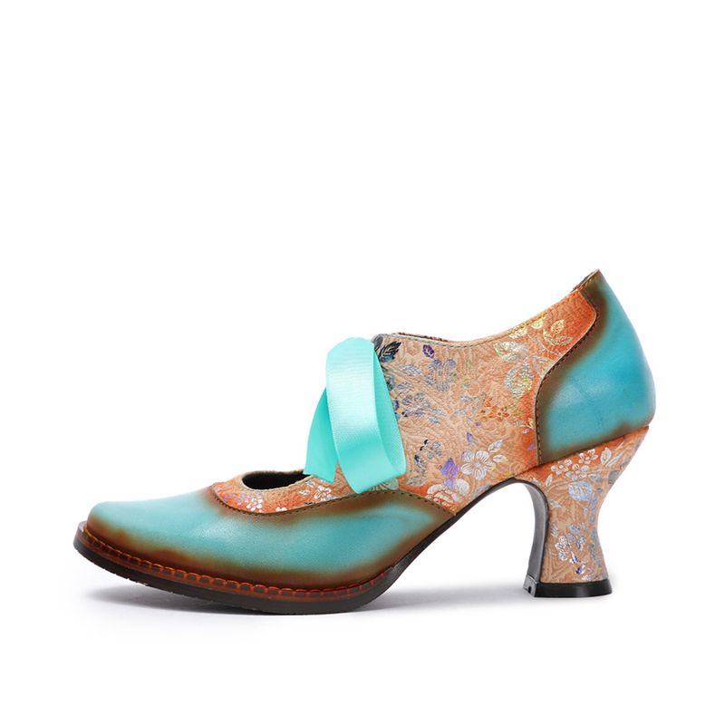 2 Kinds Cowhide Flower Blue Ethnic Style Ribbon Lace Women's Shoes - AwwwCos