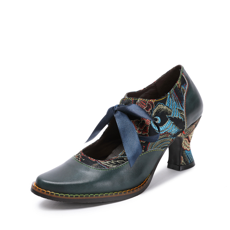 2 Kinds Cowhide Flower Blue Ethnic Style Ribbon Lace Women's Shoes - AwwwCos