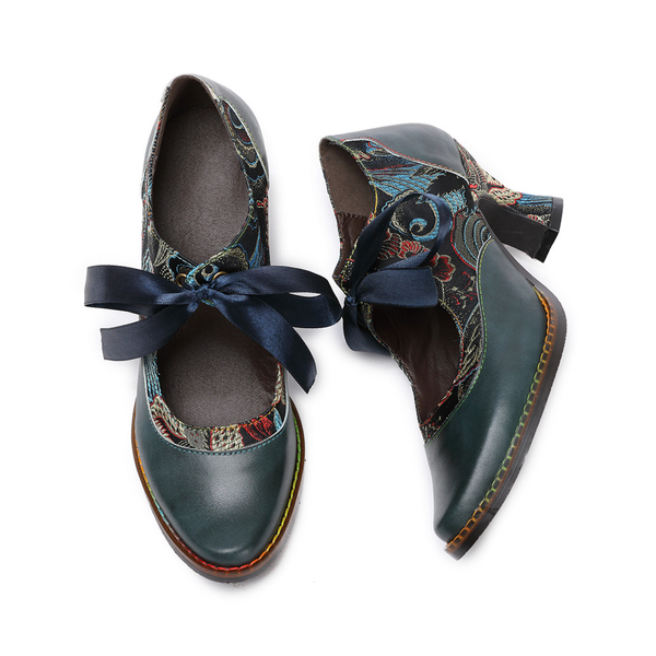 2 Kinds Cowhide Flower Blue Ethnic Style Ribbon Lace Women's Shoes - AwwwCos