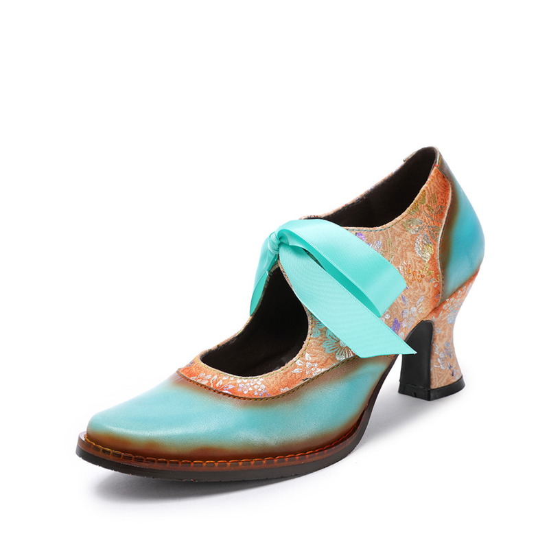 2 Kinds Cowhide Flower Blue Ethnic Style Ribbon Lace Women's Shoes - AwwwCos
