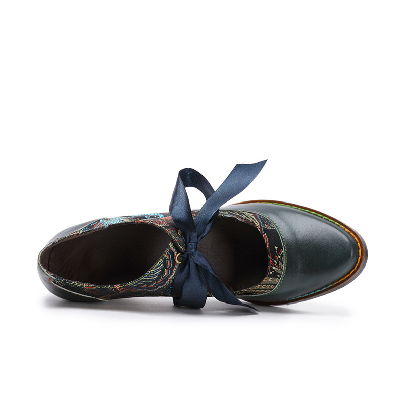 2 Kinds Cowhide Flower Blue Ethnic Style Ribbon Lace Women's Shoes - AwwwCos