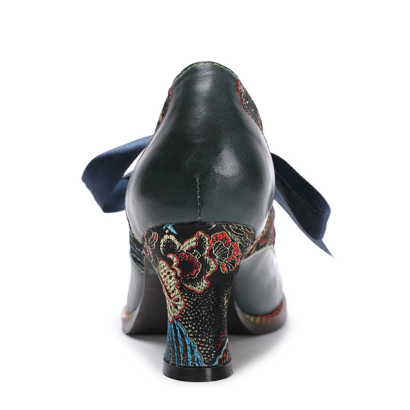 2 Kinds Cowhide Flower Blue Ethnic Style Ribbon Lace Women's Shoes - AwwwCos