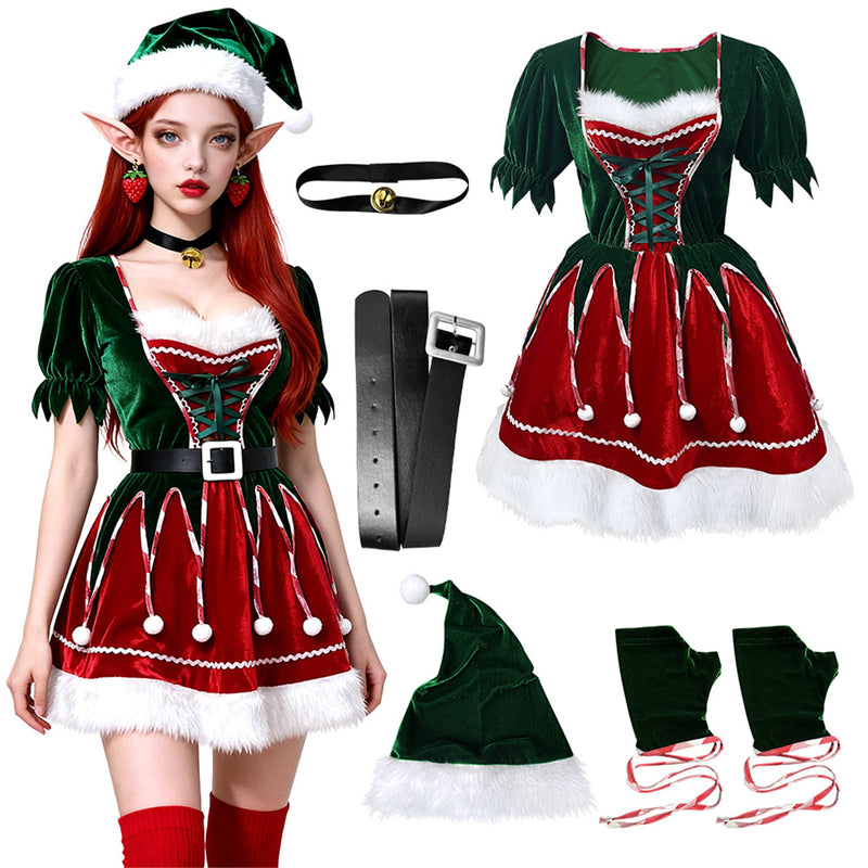 2 Kinds Female Christmas Mrs Claus Cosplay Costume Short Sleeve Dress - AwwwCos