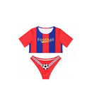 2 Piece Soccer Cheerleader Cosplay Costume Red Purple Striped Lingerie Uniform
