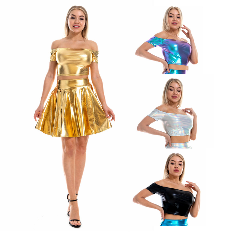 2 Pieces Women Club Shinning Slim-fit Off-shoulder Mini Vest Skirt - AwwwCos