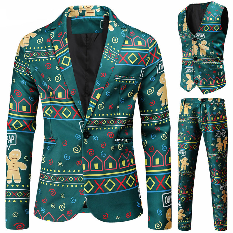 3 Piece Snowflake Snowman Print Jacket Pants Vest Men Christmas Suits