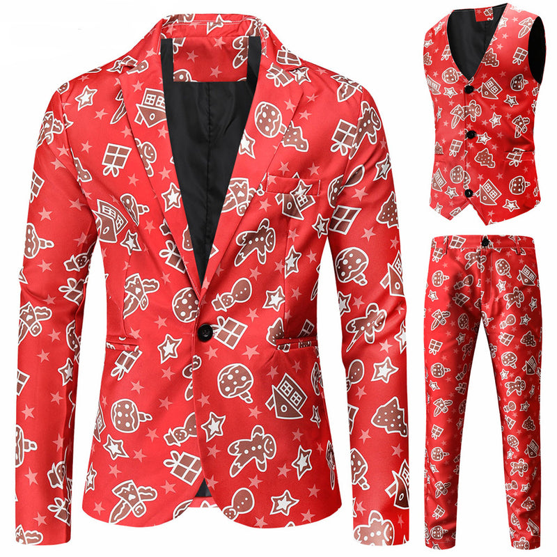 3 Piece Snowflake Snowman Print Jacket Pants Vest Men Christmas Suits