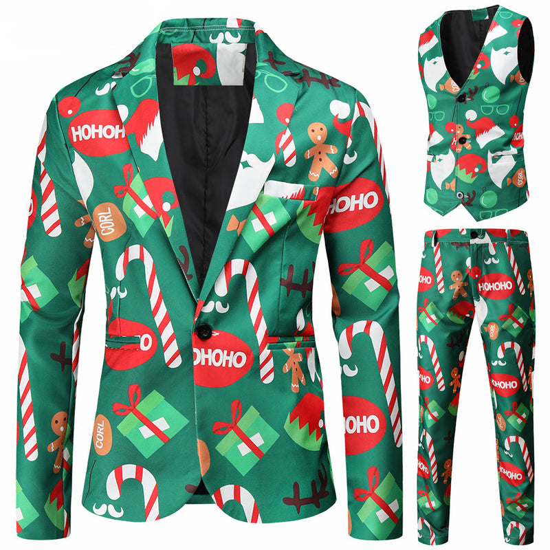 3 Piece Snowflake Snowman Print Jacket Pants Vest Men Christmas Suits