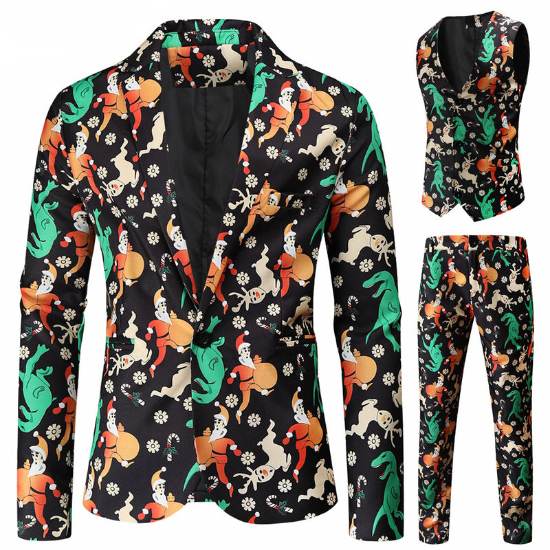 3 Piece Snowflake Snowman Print Jacket Pants Vest Men Christmas Suits