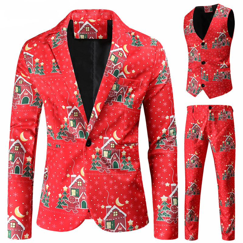 3 Piece Snowflake Snowman Print Jacket Pants Vest Men Christmas Suits