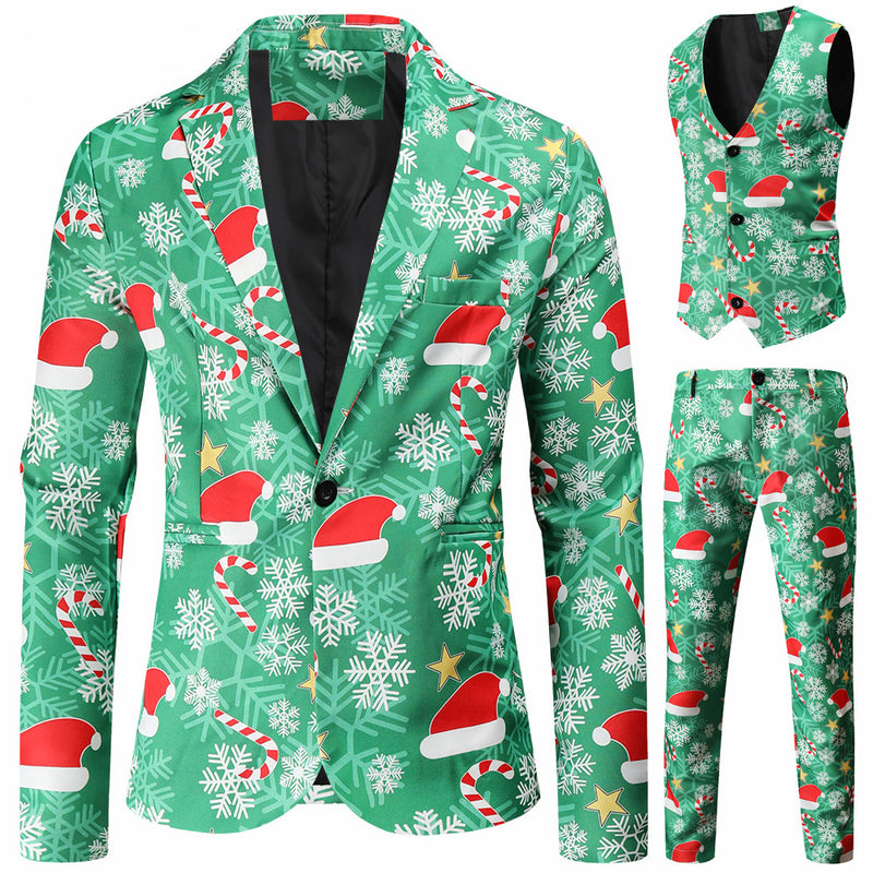 3 Piece Snowflake Snowman Print Jacket Pants Vest Men Christmas Suits