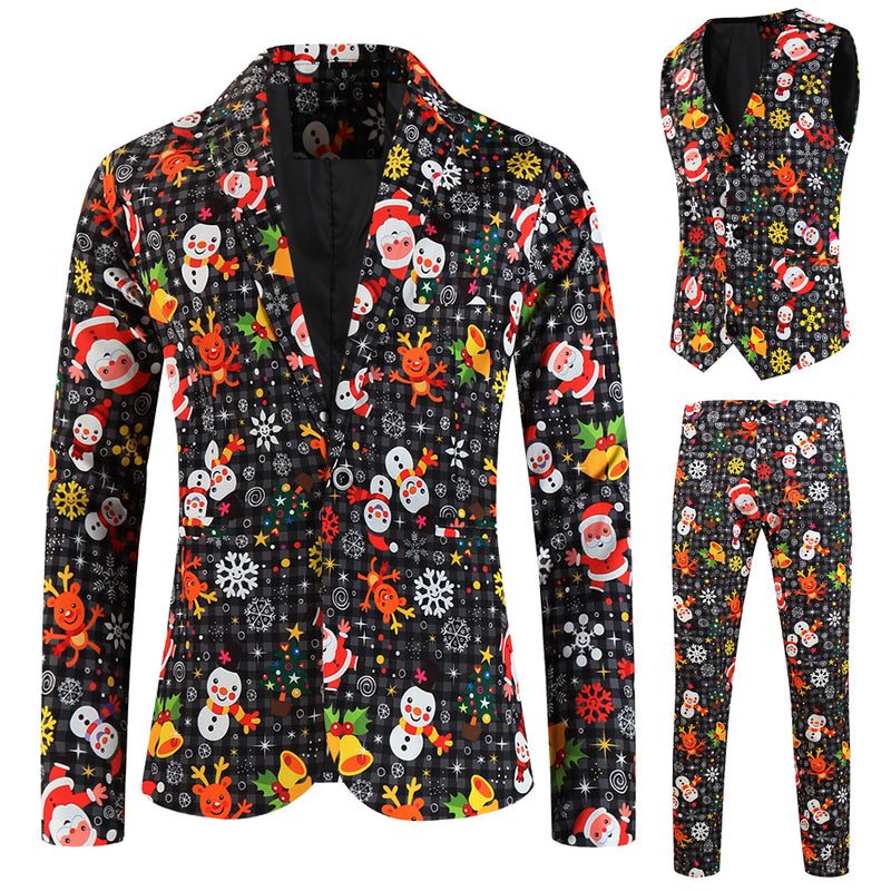 3 Piece Snowflake Snowman Print Men Christmas Suits Jacket Pants Vest