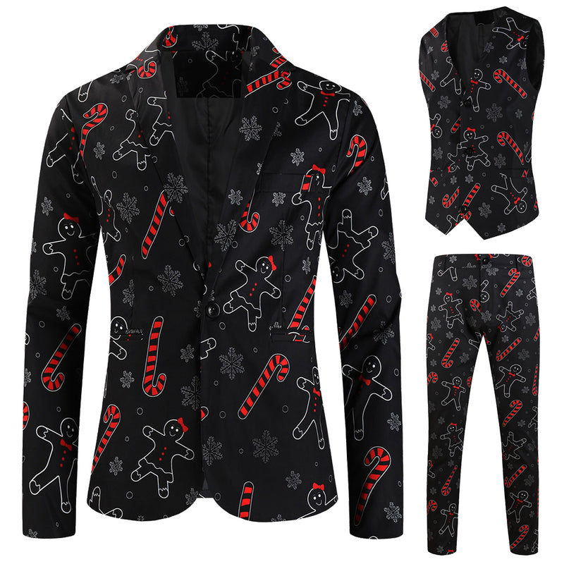 3 Piece Snowflake Snowman Print Men Christmas Suits Jacket Pants Vest
