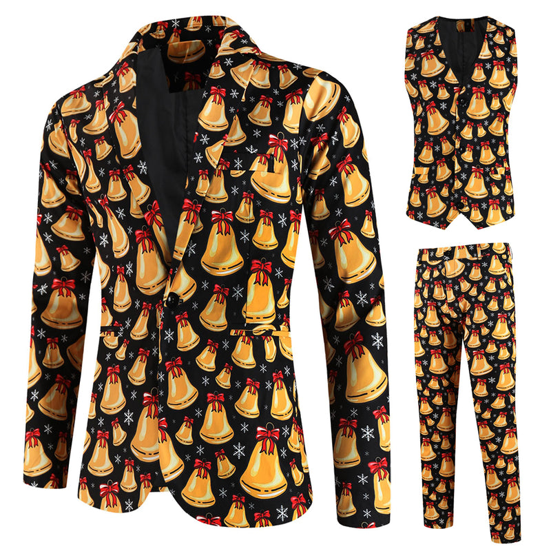 3 Piece Snowflake Snowman Print Men Christmas Suits Jacket Pants Vest