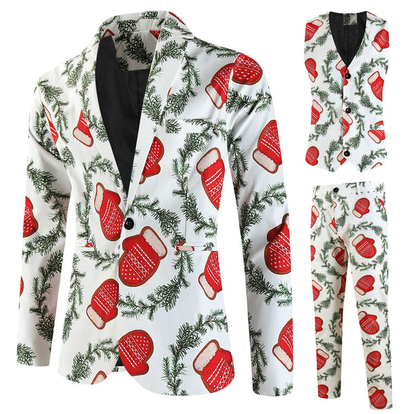 3 Piece Snowflake Snowman Print Men Christmas Suits Jacket Pants Vest