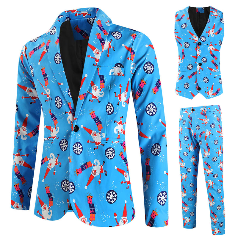 3 Piece Snowflake Snowman Print Men Christmas Suits Jacket Pants Vest
