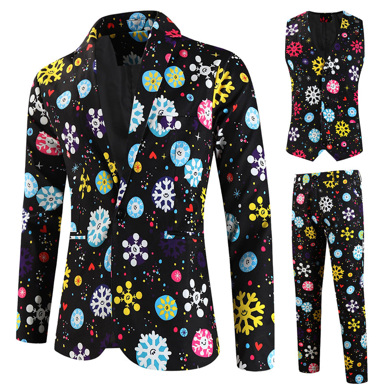 3 Piece Snowflake Snowman Print Men Christmas Suits Jacket Pants Vest