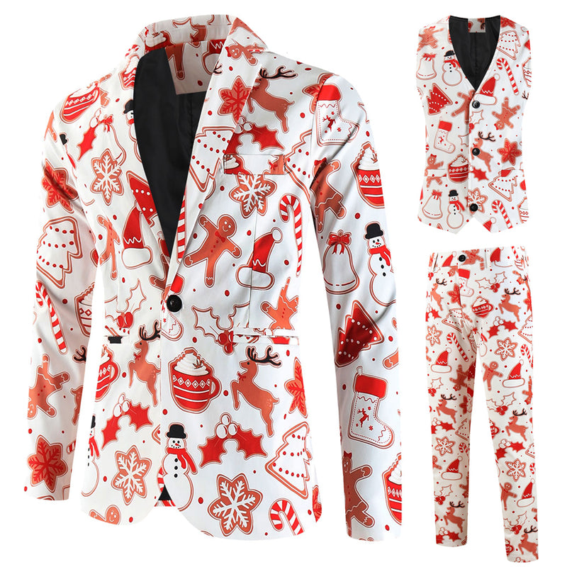 3 Piece Snowflake Snowman Print Men Christmas Suits Jacket Pants Vest