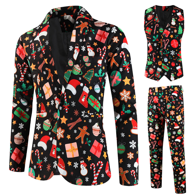 3 Piece Snowflake Snowman Print Men Christmas Suits Jacket Pants Vest