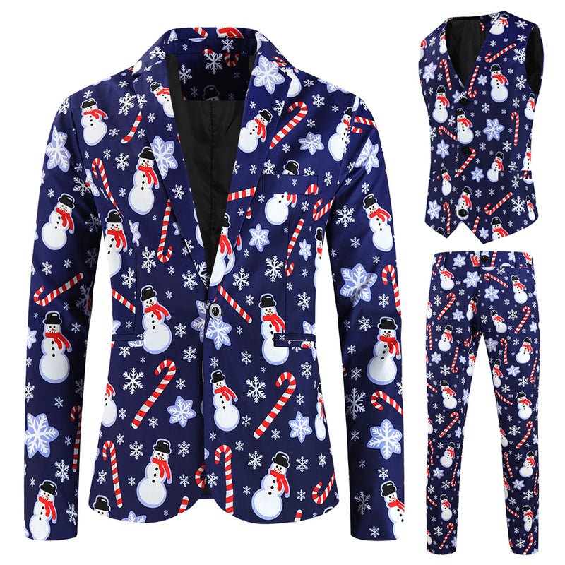 3 Piece Snowflake Snowman Print Men Christmas Suits Jacket Pants Vest