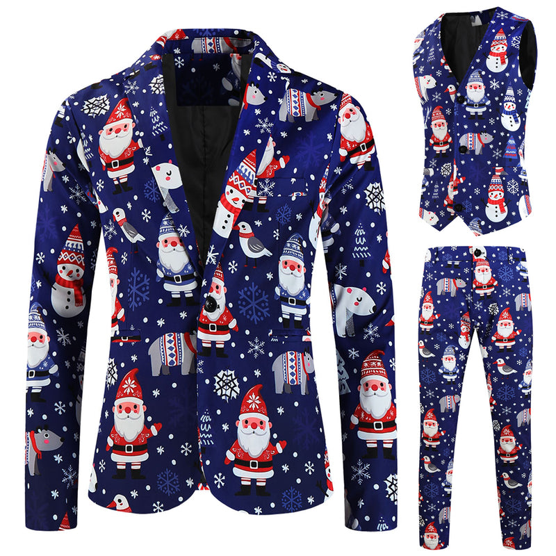 3 Piece Snowflake Snowman Print Men Christmas Suits Jacket Pants Vest