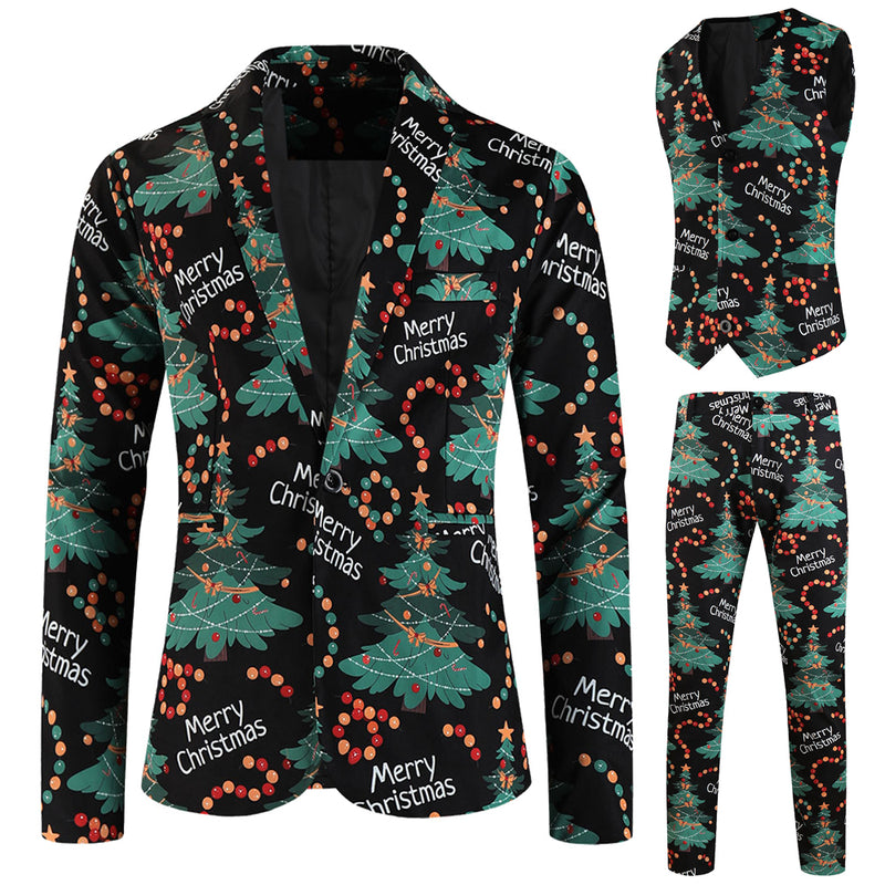 3 Piece Snowflake Snowman Print Men Christmas Suits Jacket Pants Vest