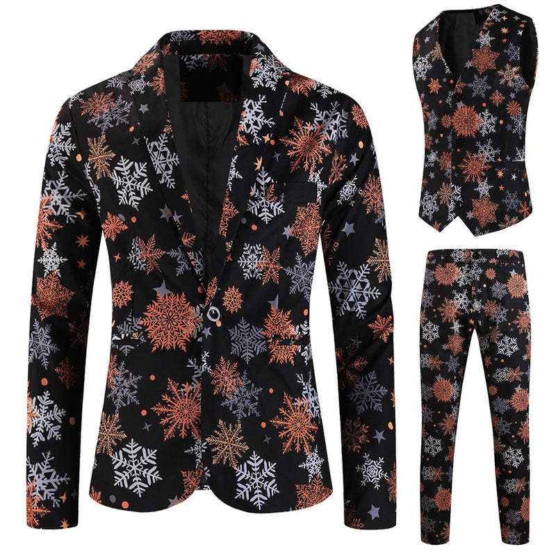 3 Piece Snowflake Snowman Print Men Christmas Suits Jacket Pants Vest