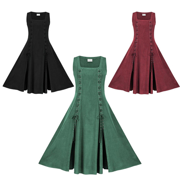 4 Kinds Women Sleeveless Lace Up Underbust Pirate High Low Split Peasant Dress