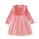 5 Kinds Girls Velvet Long‑Sleeve Ruffle Shoulder Sequin Tulle Party Princess Dress
