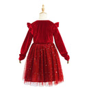 5 Kinds Girls Velvet Long‑Sleeve Ruffle Shoulder Sequin Tulle Party Princess Dress