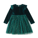 5 Kinds Girls Velvet Long‑Sleeve Ruffle Shoulder Sequin Tulle Party Princess Dress