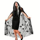 5 Kinds Hooded Tulle Cape Sheer Mesh Witch Cloak Bat Spider Web Print Cosplay Costume