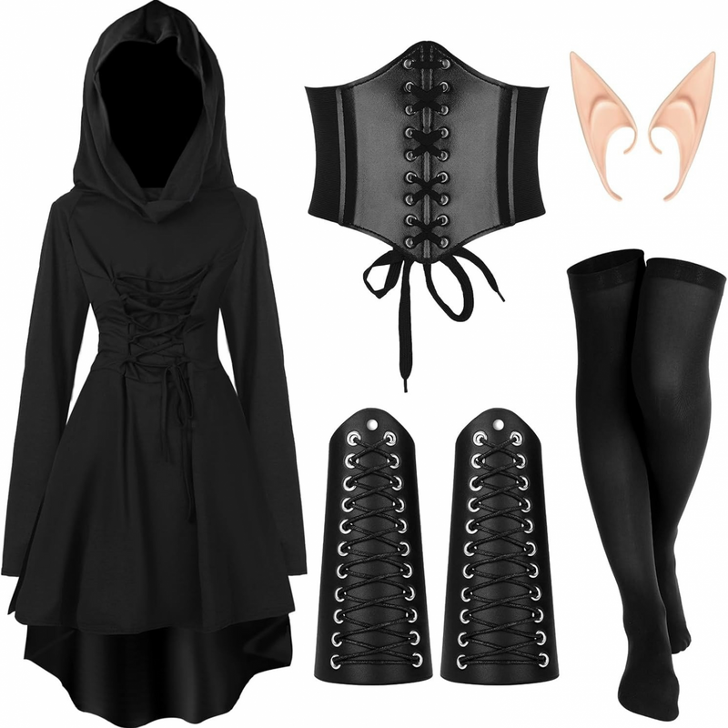 5 Piece Women Renaissance Fairy Costume Suit Medieval Hooded Robe Elf Ear - AwwwCos