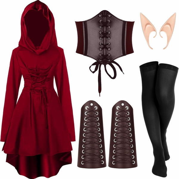 5 Piece Women Renaissance Fairy Costume Suit Medieval Hooded Robe Elf Ear - AwwwCos