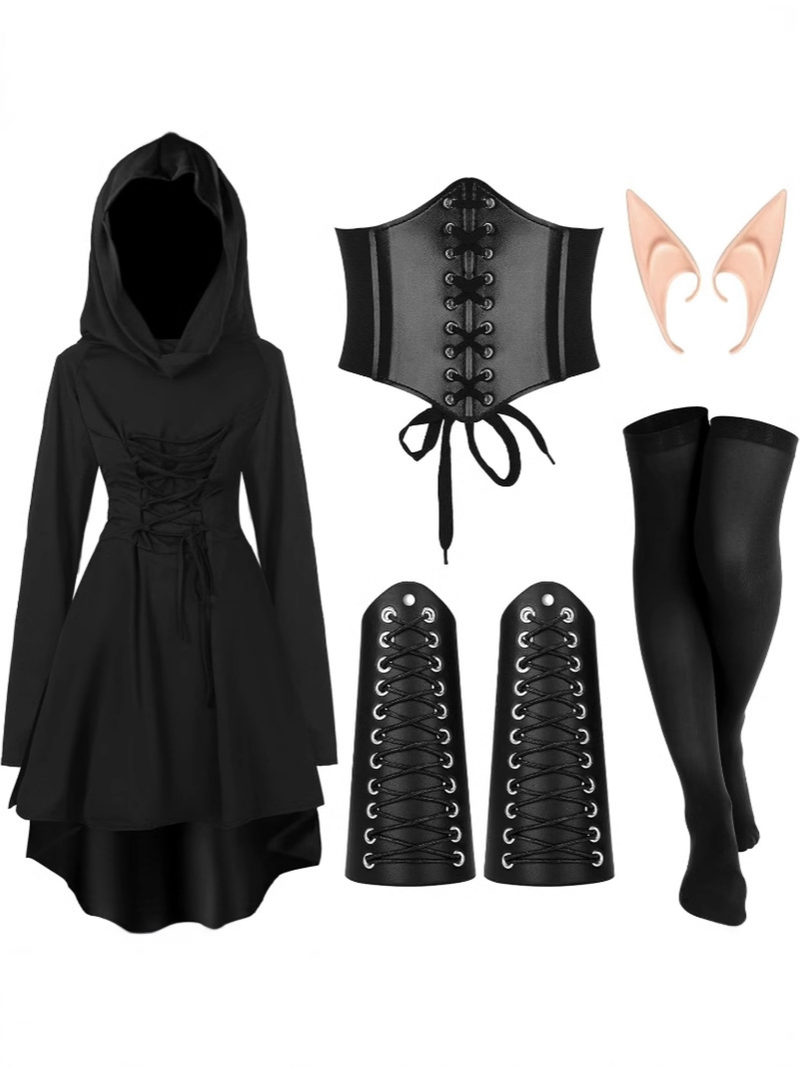 5 Piece Women Renaissance Fairy Costume Suit Medieval Hooded Robe Elf Ear - AwwwCos