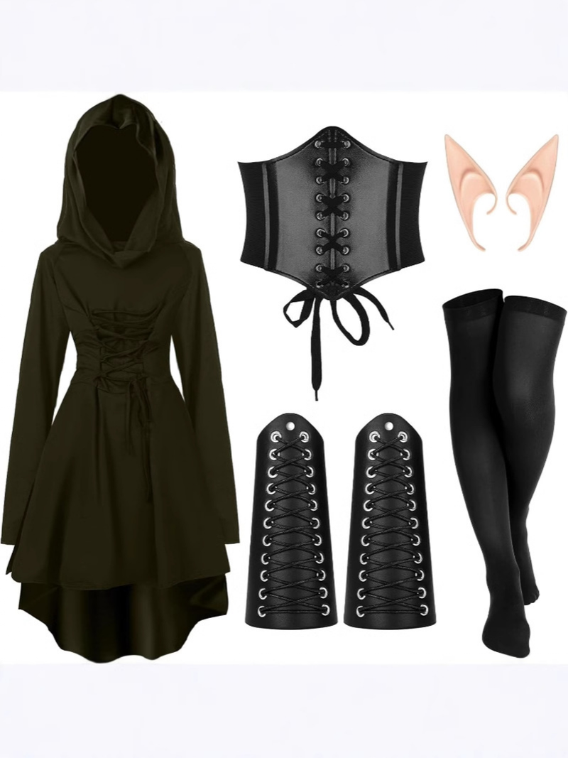 5 Piece Women Renaissance Fairy Costume Suit Medieval Hooded Robe Elf Ear - AwwwCos