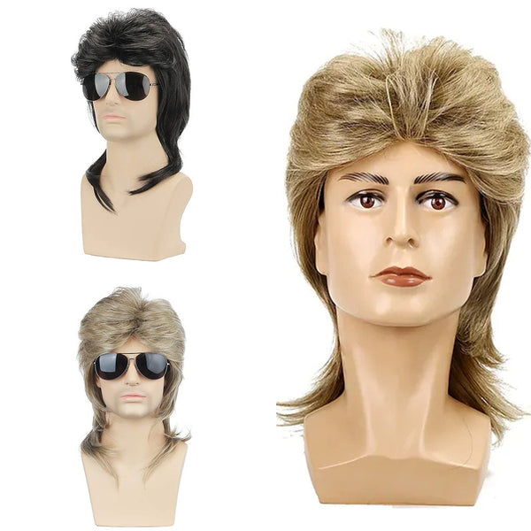 80s Retro Men Masquerade Brown Gold Wavy Mullet Hair Disco Party 14.56 in Wig - AwwwCos