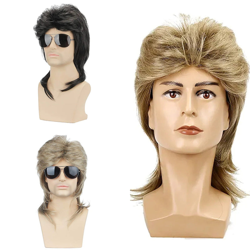 80s Retro Men Masquerade Brown Gold Wavy Mullet Hair Disco Party 14.56 in Wig - AwwwCos