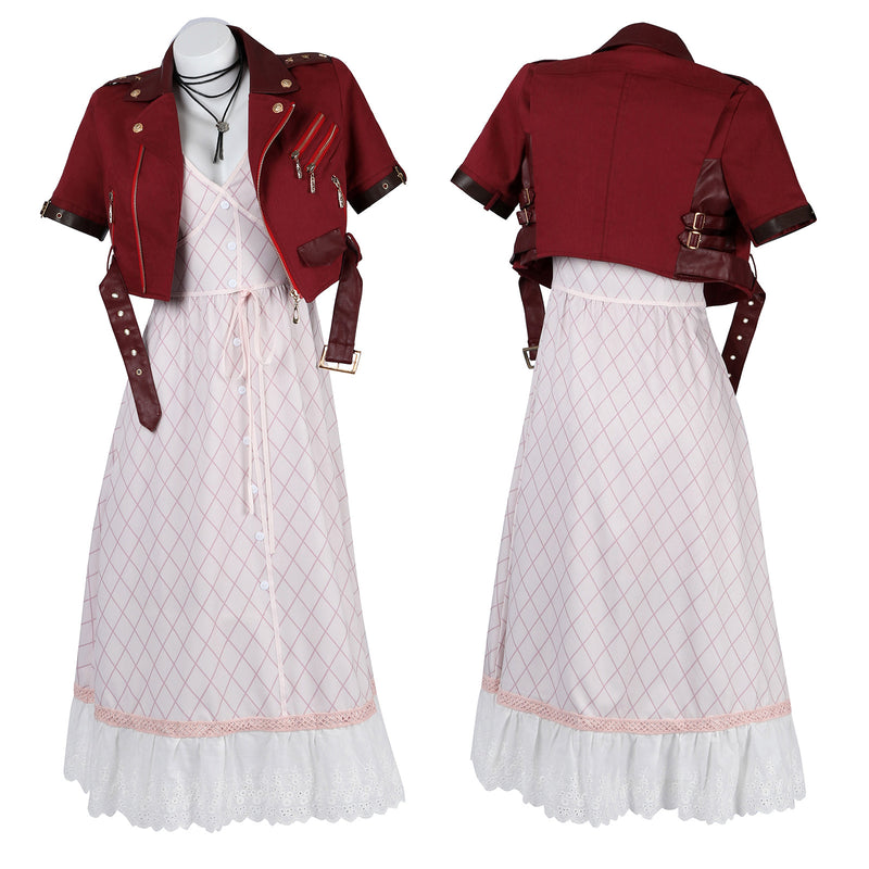 Final Fantasy VII Aerith Gainsborough Cosplay Costume FF7 Red Short Jacket Pink Checkered Dress